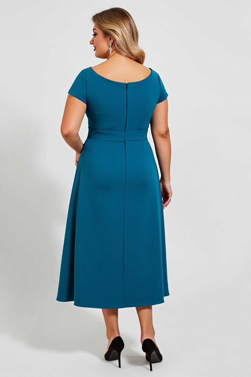 Peacock Square Neck Tea-Length Mother of the Bride Dress with Bow